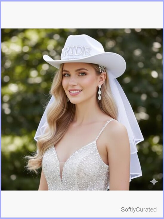 Cowboy Hat with Veil Bridal Shower Bachelorette Party Bride Pearl Rhinestones main image 5